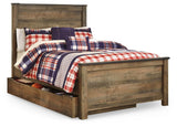 Close-up detail of rustic plank finish on Trinell full panel bed