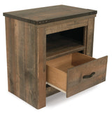 Trinell Nightstand showing rustic plank finish