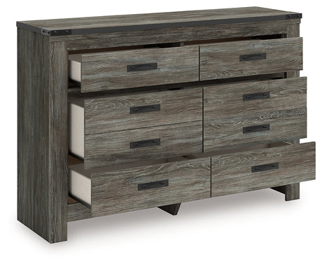 Frandern Gray Dresser angled open drawer view