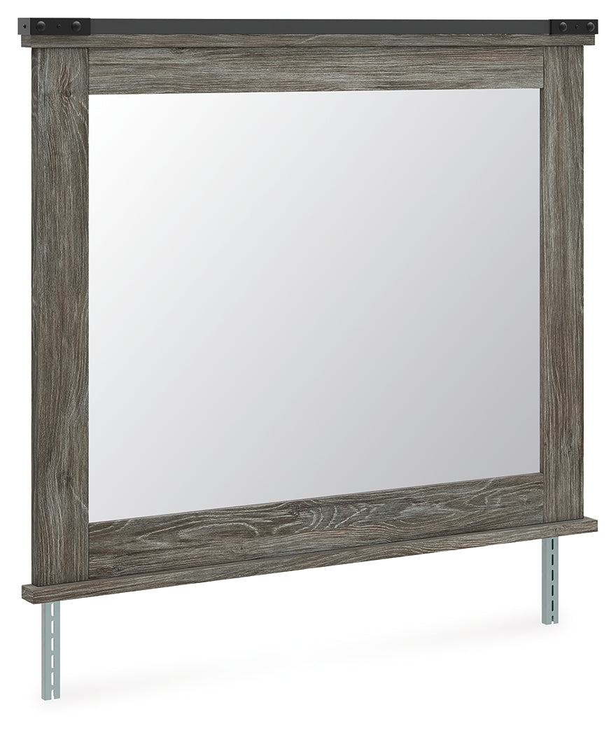 Frandern Bedroom Mirror side angle with rustic warm gray finish