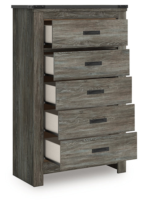 Frandern Chest of Drawers angled view with drawers open