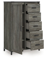 Frandern Dressing Chest with cabinet door open showing shelves