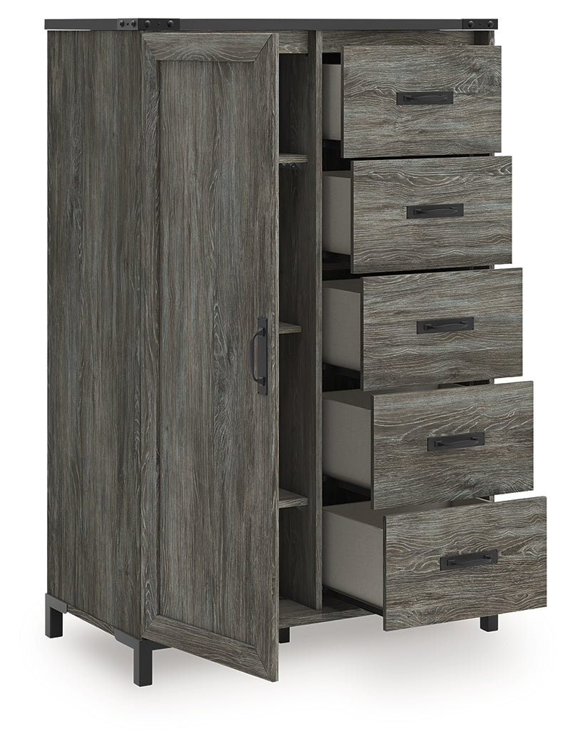 Frandern Dressing Chest with cabinet door open showing shelves