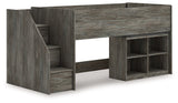 Frandern Twin Loft Bed front angle with bookcase and storage steps