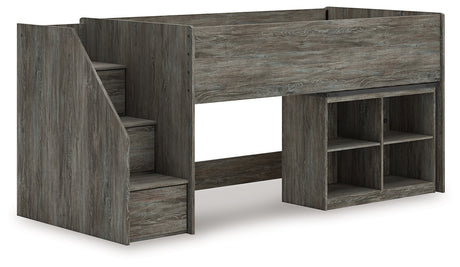 Frandern Twin Loft Bed front angle with bookcase and storage steps