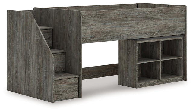 Frandern Twin Loft Bed front angle with bookcase and storage steps