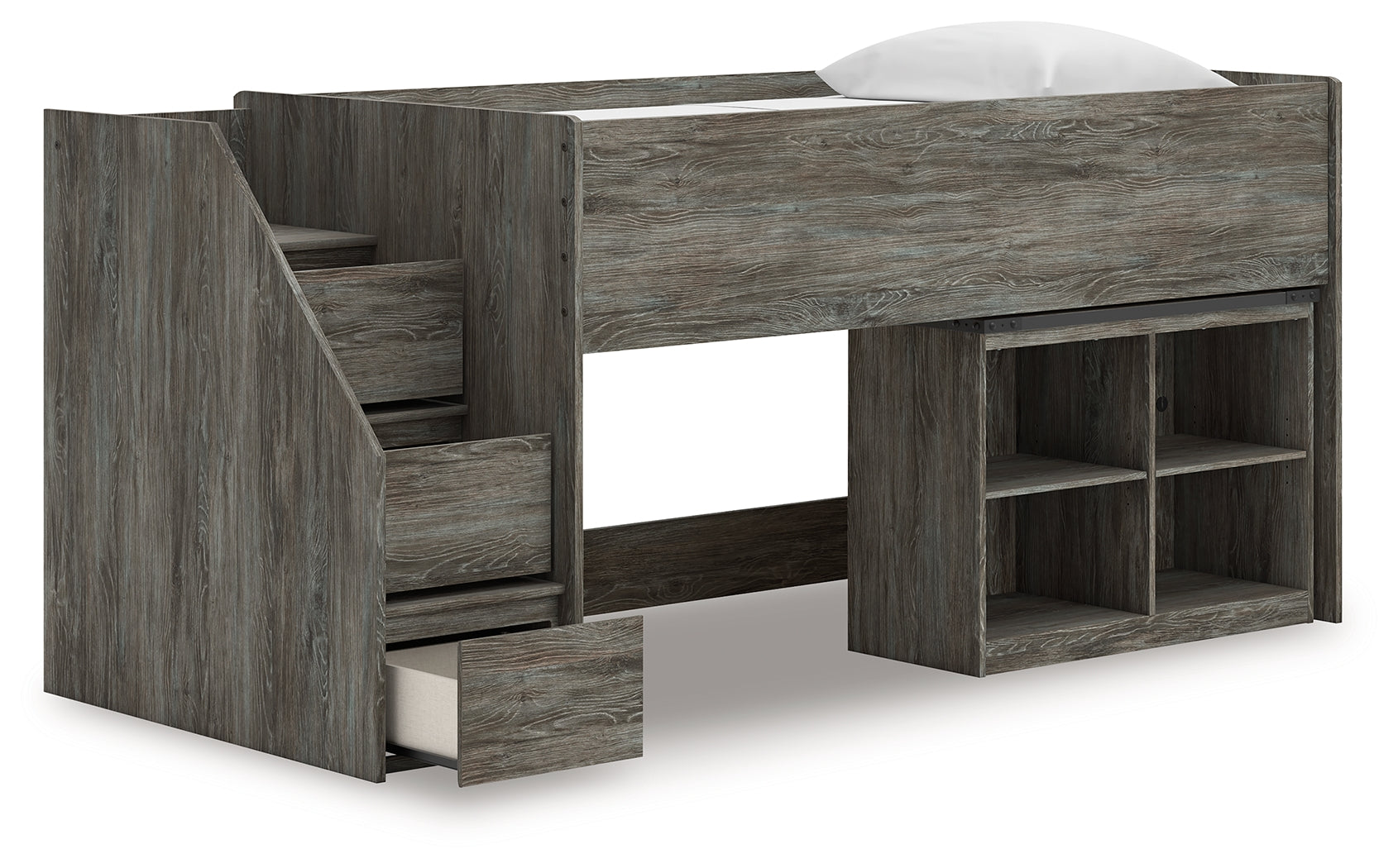 Frandern Twin Loft Bed with bookcase shelving open storage view