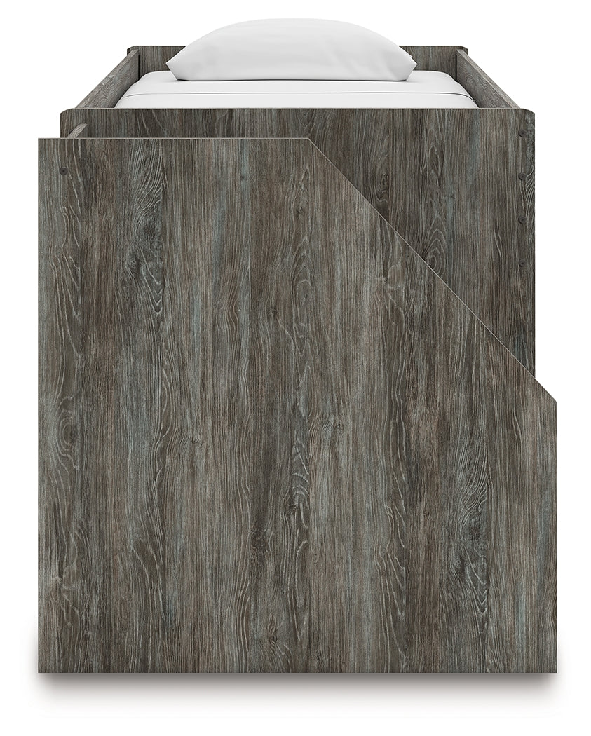Frandern Twin Loft Bed side view with visible engineered wood texture