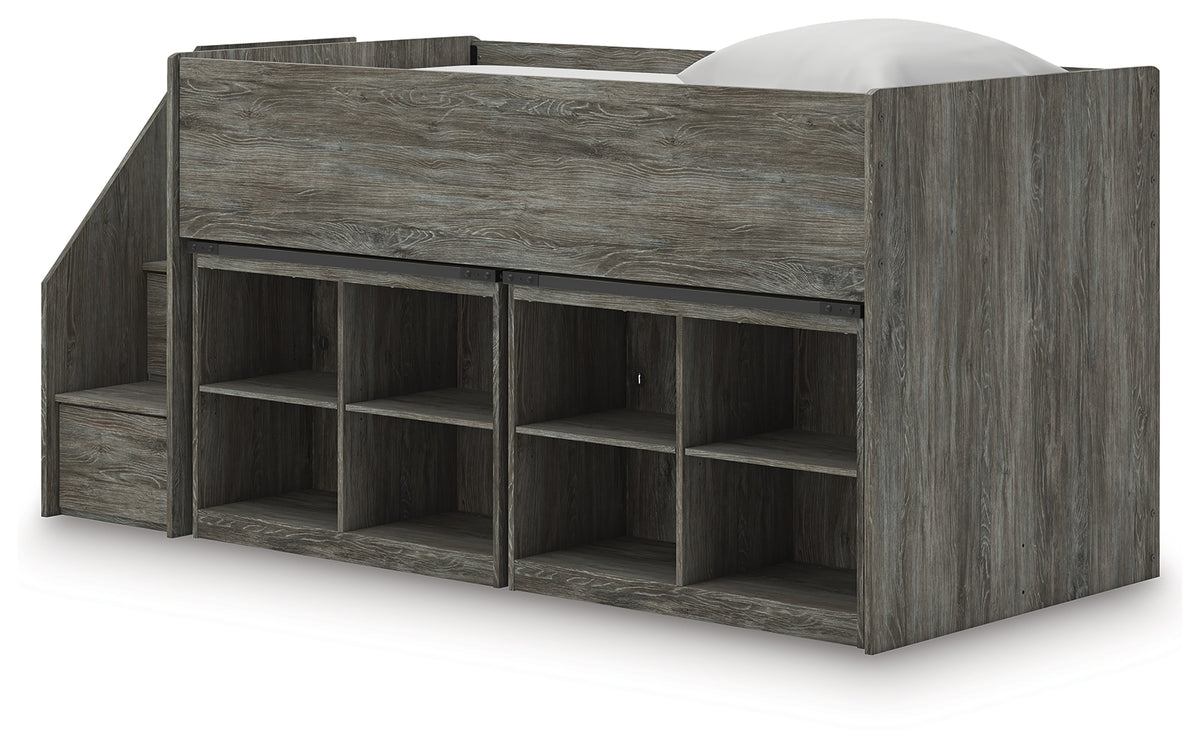 Frandern twin loft bed alternate angle showing loft ends and bookcases