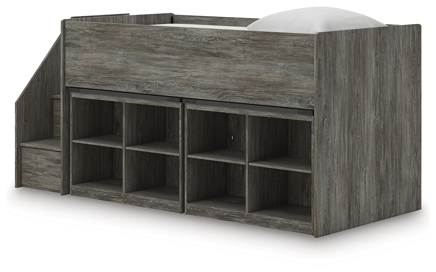 Frandern Warm Gray Twin Loft Bed with Bookcase Storage