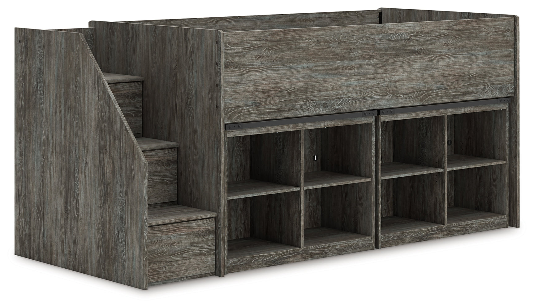 Frandern Warm Gray Twin Loft Bed with Bookcase Storage