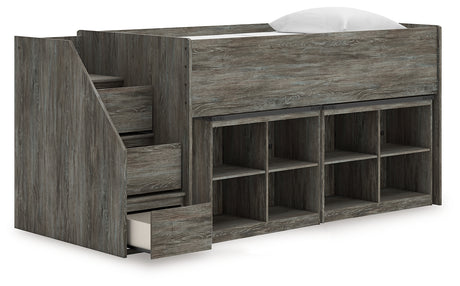 Frandern twin loft bed open storage cubbies under loft