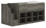 Frandern Warm Gray Twin Loft Bed with Bookcase Storage
