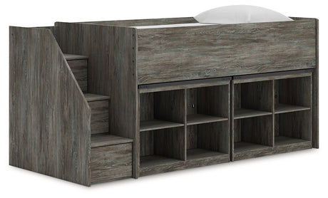 Frandern twin loft bed angled front view showing bookcase storage