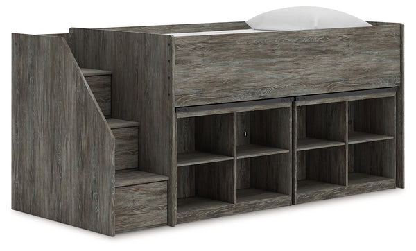 Frandern twin loft bed angled front view showing bookcase storage