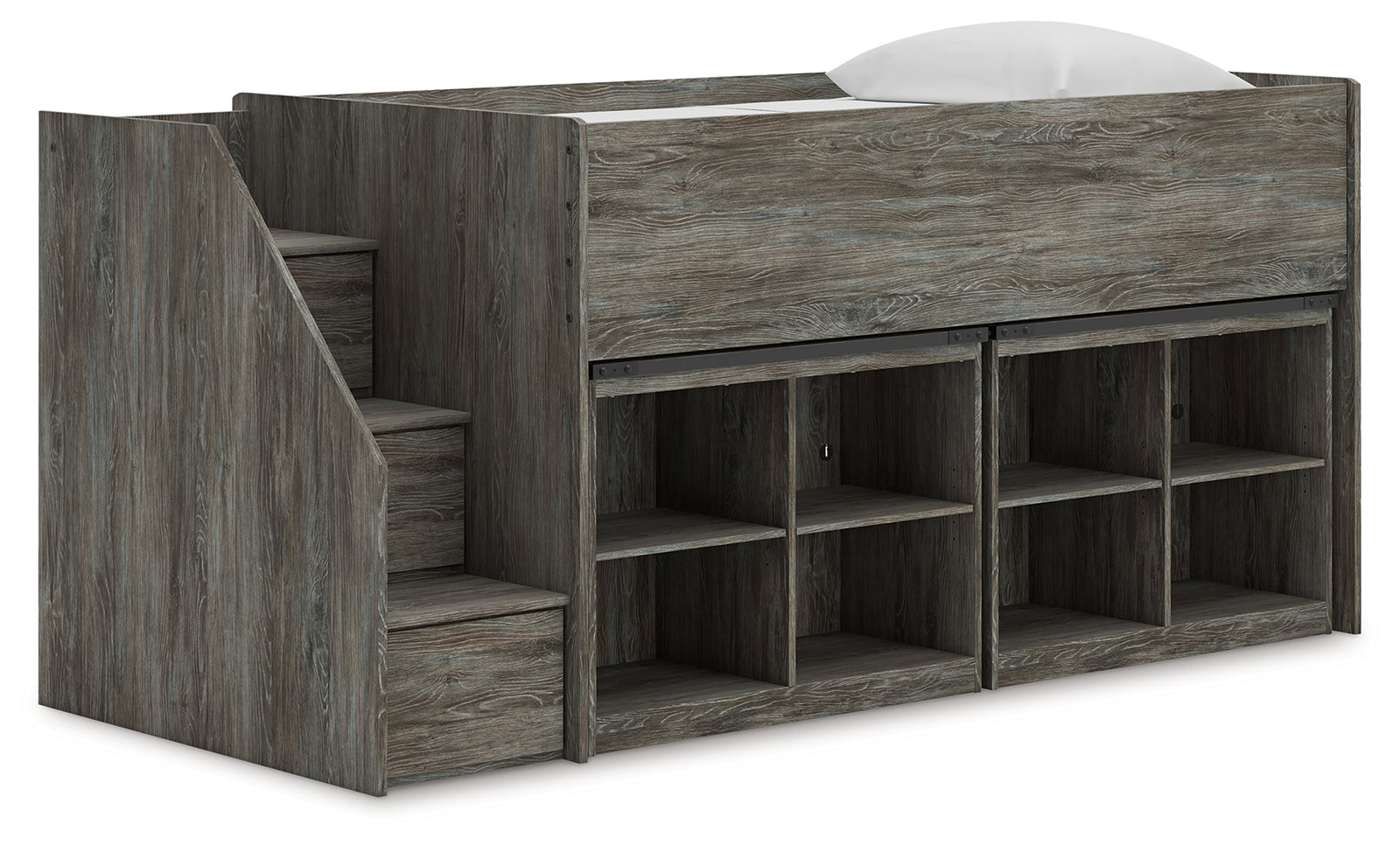 Frandern Warm Gray Twin Loft Bed with Bookcase Storage