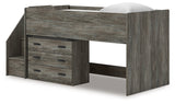 Frandern gray twin loft bed with industrial style accents