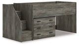 Frandern gray twin loft bed with nailhead faux metal detailing close-up