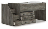 Frandern gray twin loft bed with storage drawers open