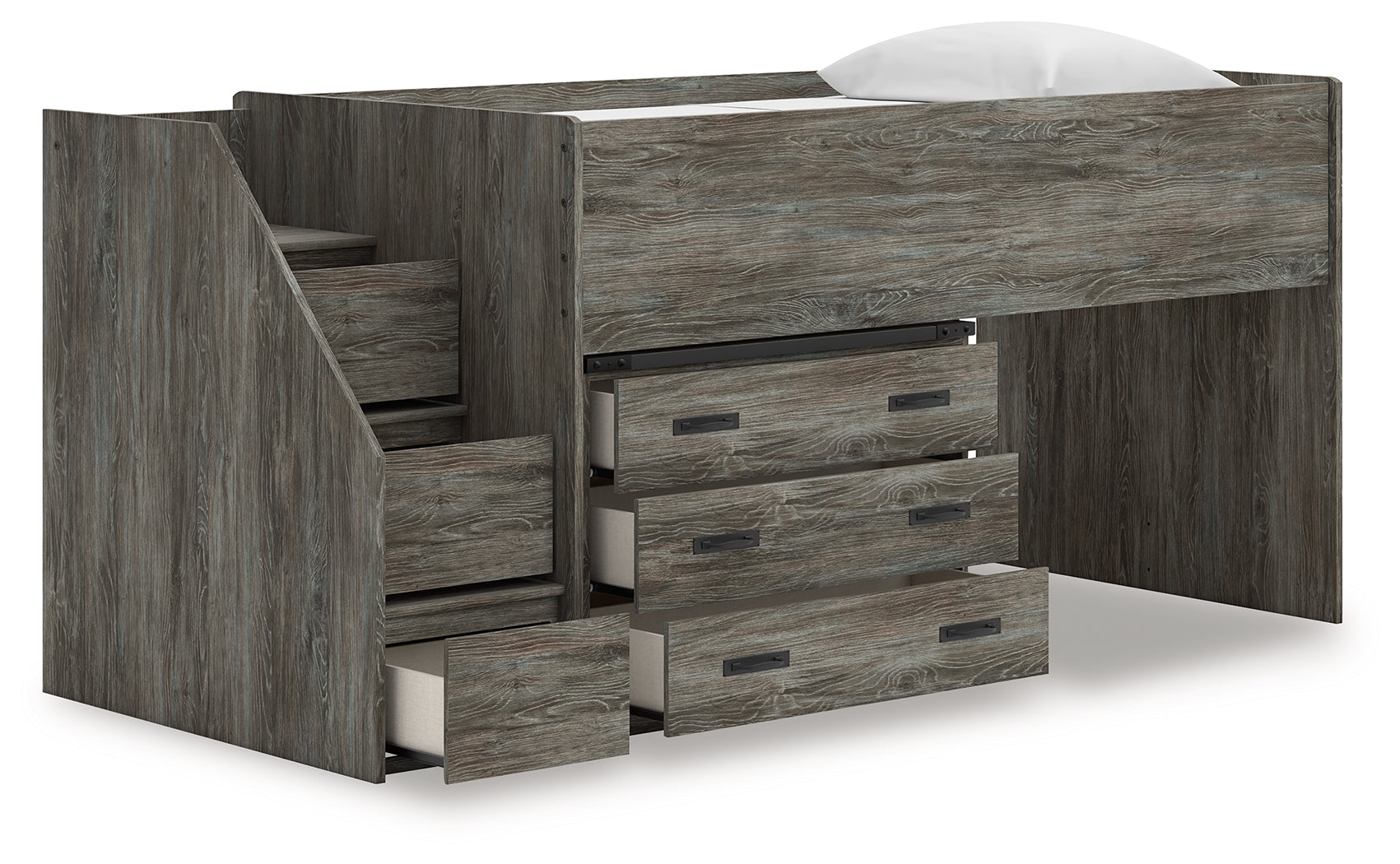 Frandern gray twin loft bed with storage drawers open