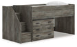 Frandern gray twin loft bed with drawer storage, side angle view