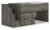Frandern gray twin loft bed with drawer storage, side angle view