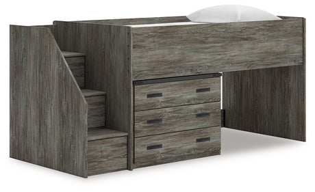 Frandern gray twin loft bed with drawer storage, side angle view