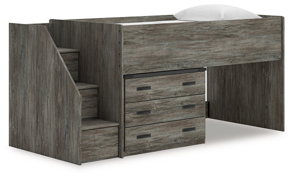 Frandern gray twin loft bed with drawer storage, side angle view