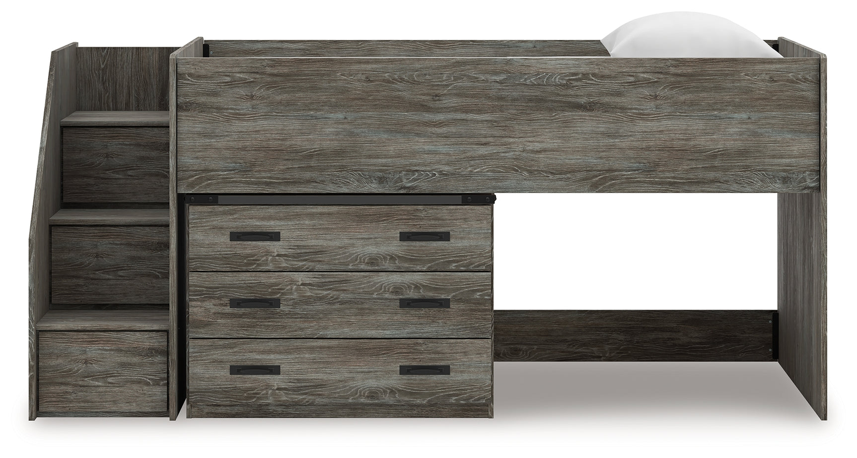 Frandern gray twin loft bed head-on view