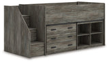 Frandern Gray Twin Loft Bed bookcase shelves detail