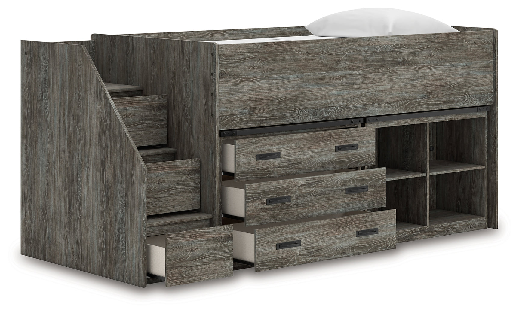 Frandern Gray Twin Loft Bed open drawer storage