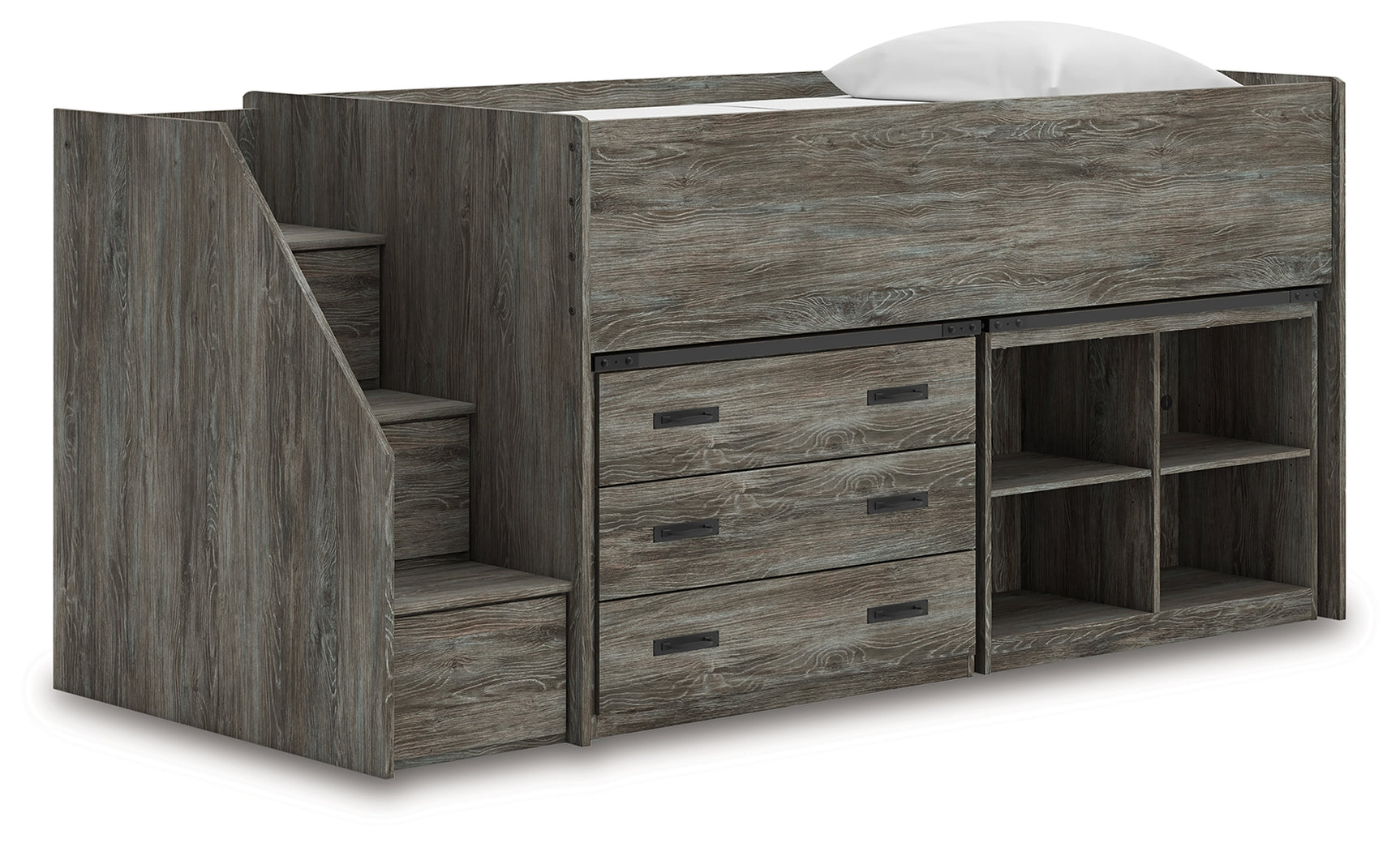 Frandern Gray Twin Loft Bed side view with storage steps