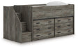 Frandern warm gray twin loft bed angled side view showing storage drawers