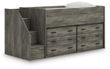 Frandern warm gray twin loft bed angled side view showing storage drawers