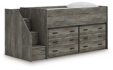 Frandern warm gray twin loft bed angled side view showing storage drawers