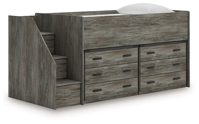 Frandern warm gray twin loft bed angled side view showing storage drawers