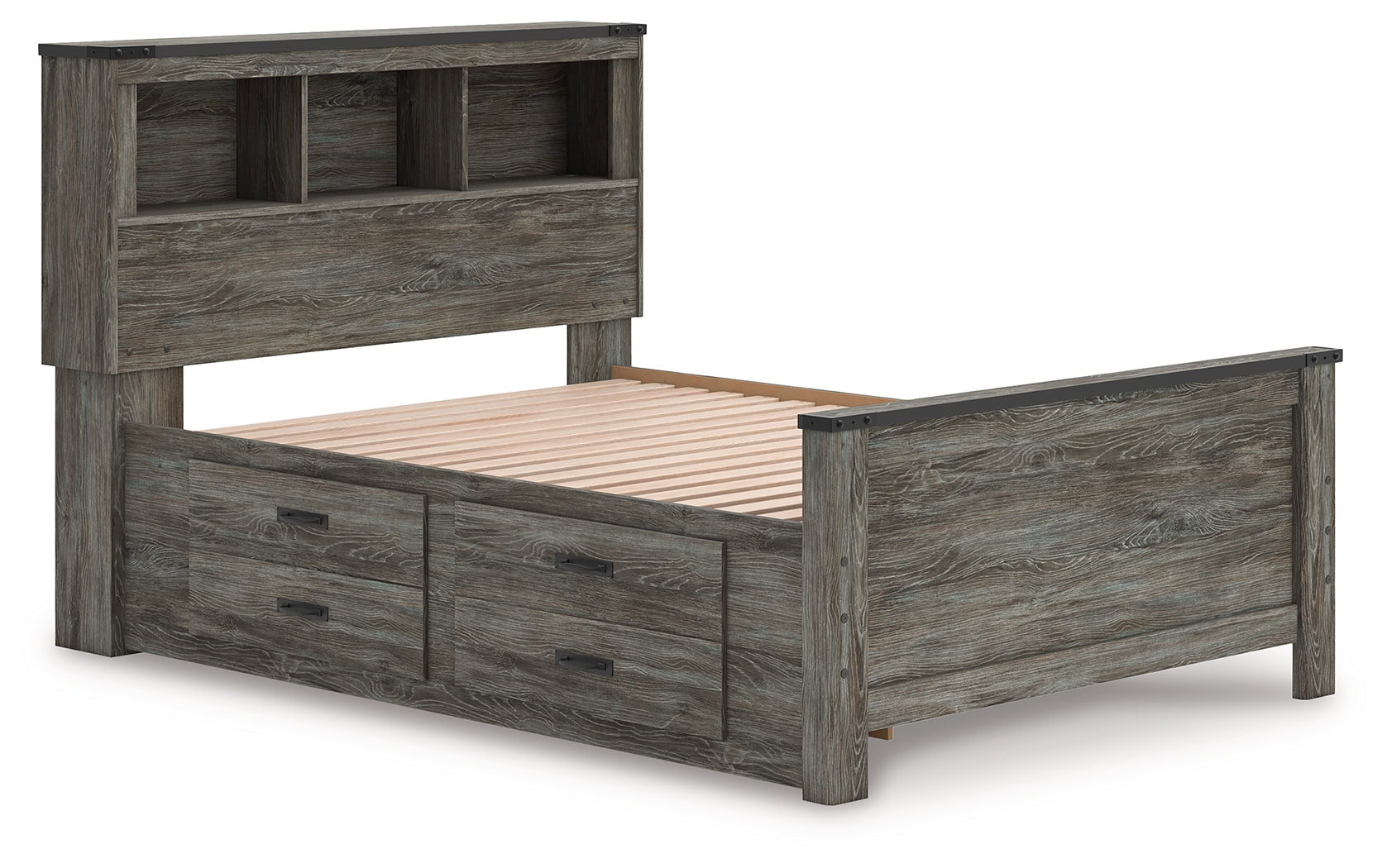 Side view of Frandern Gray Full Bookcase Bed highlighting storage cubbies
