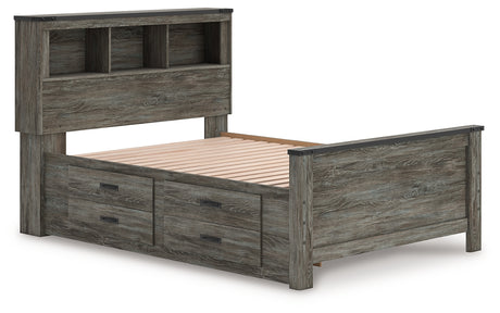 Side view of Frandern Gray Full Bookcase Bed highlighting storage cubbies