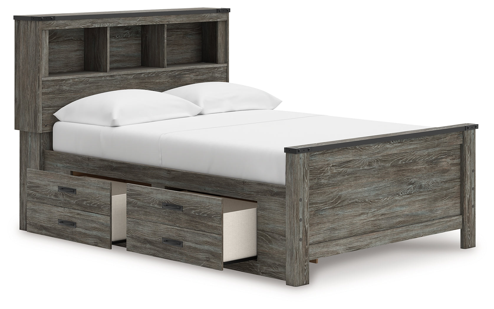Open under-bed storage drawers in Frandern Full Bookcase Bed