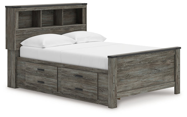 Frandern Gray Full Bookcase Panel Bed angled view showing headboard and footboard