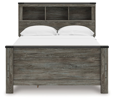 Head-on view of Frandern Full Bookcase Bed with storage cubbies and drawers