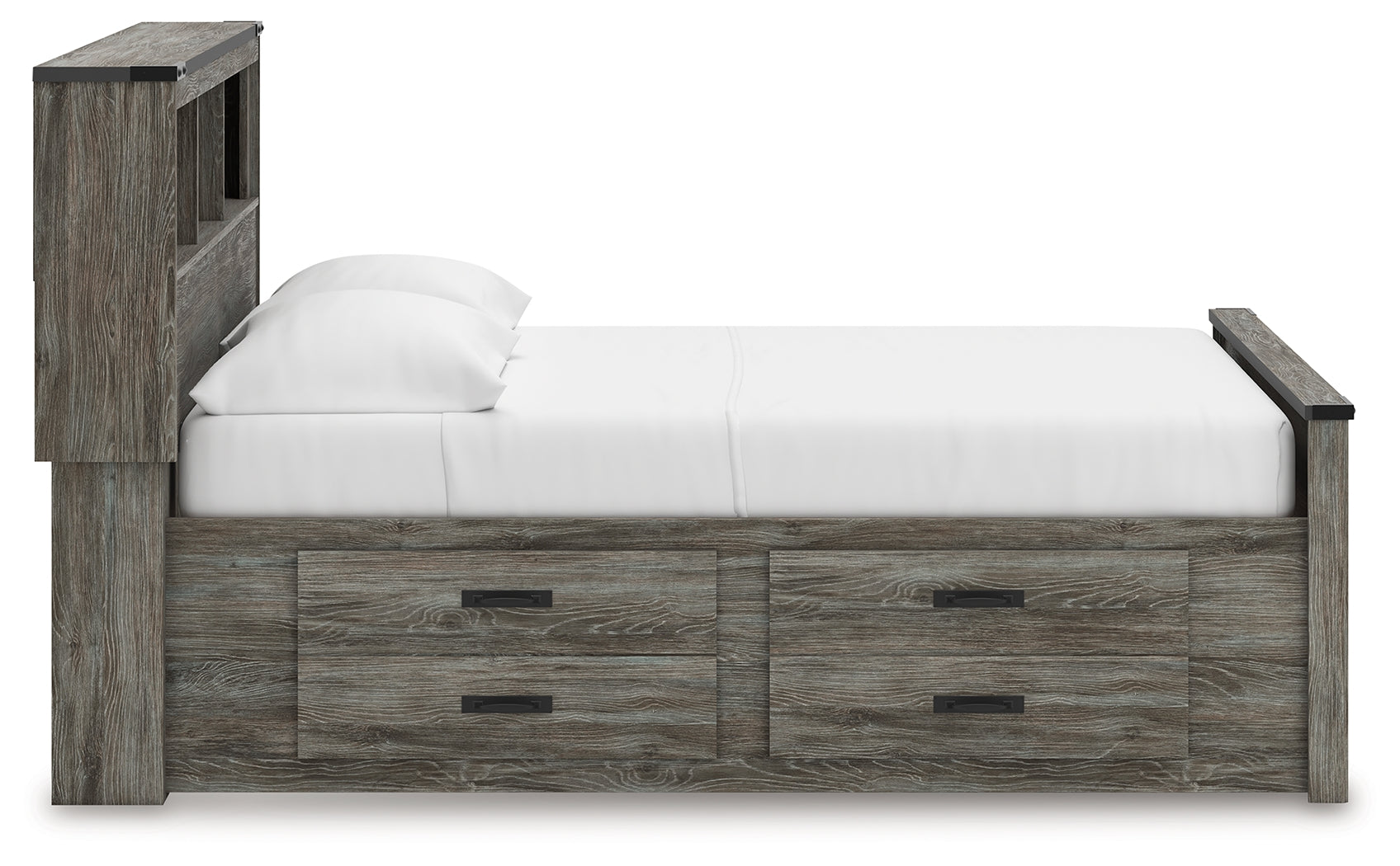 Side view of the bed frame showing panel footboard