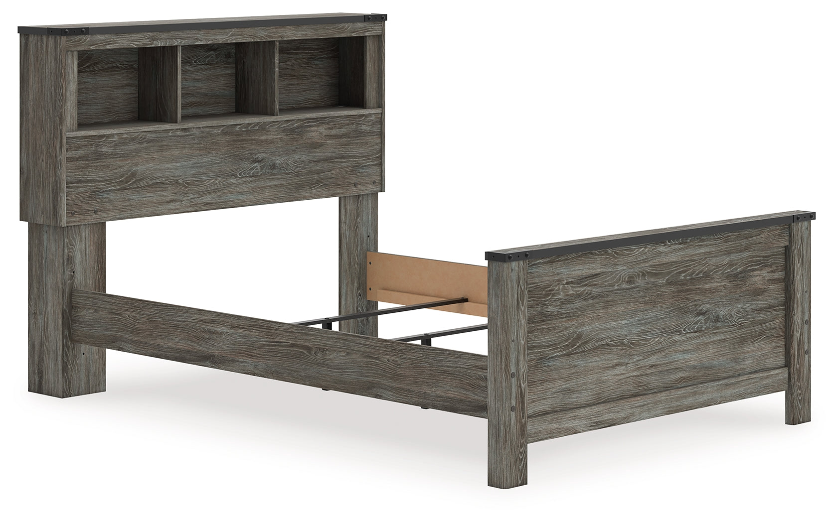 Side angle of Frandern Full Bookcase Panel Bed highlighting nailhead accents