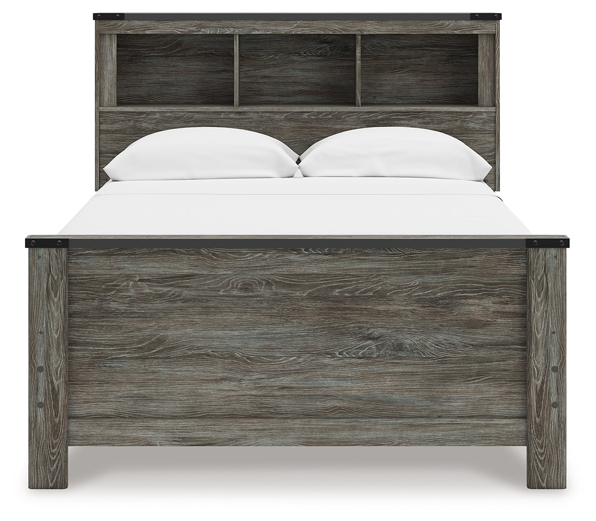 Front view of Frandern Full Bookcase Panel Bed with storage cubbies