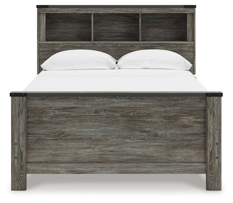 Front view of Frandern Full Bookcase Panel Bed with storage cubbies