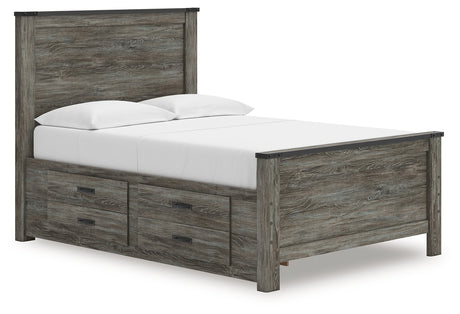 Frandern Full Panel Bed angled view showing headboard and footboard in black gray
