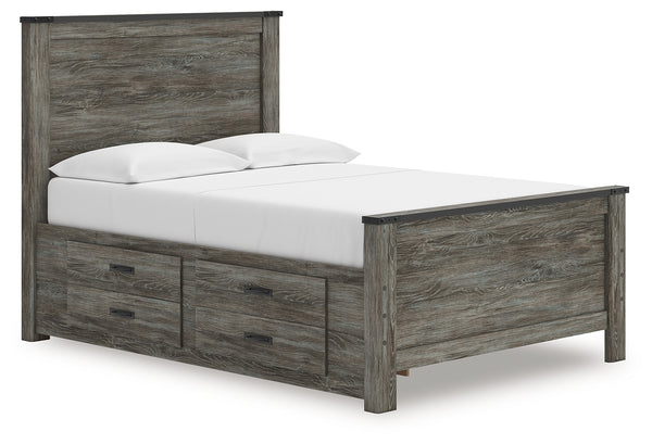 Frandern Full Panel Bed angled view showing headboard and footboard in black gray