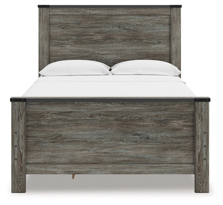 Frandern Full Panel Bed head-on view showing rustic warm gray finish