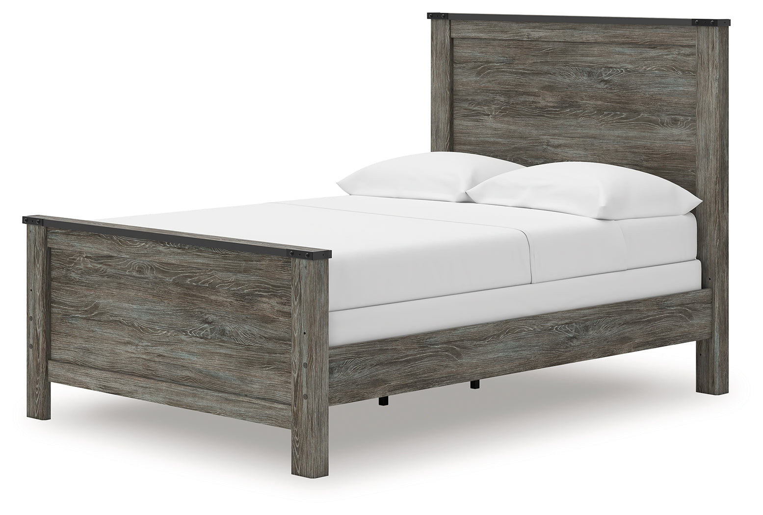 Close-up of Frandern bed's faux metal nailhead accents on headboard