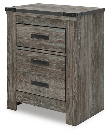 Frandern nightstand side angle showing nailhead accent